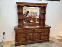 Load image into Gallery viewer, Vintage Pine Triple Dresser With Hutch Top Mirror By Burlington House Furniture