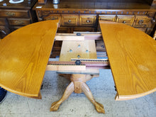 Load image into Gallery viewer, Vintage Oak Pedestal Dining Table With 4 Pressed Back Chairs - Round To Oval With Leaf