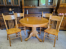Load image into Gallery viewer, Vintage Oak Pedestal Dining Table With 4 Pressed Back Chairs - Round To Oval With Leaf