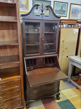 Load image into Gallery viewer, Antique Mahogany Slant Front Secretary Desk With Ball and Claw Feet - Serpentine Front and Key