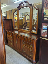 Load image into Gallery viewer, Vintage Cherry Triple Dresser With Trifold Mirror By Stanley Furniture - 12 Drawers The American Craftsman Collections