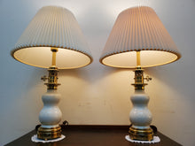 Load image into Gallery viewer, Pair Vintage Stiffel Lenox Porcelain Brass Hollywood Regency Torchiere Table Lamps With Shades - 3 Way Switches