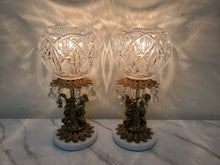 Load image into Gallery viewer, Pair Vintage Crystal Cut Glass Cherub Table Lamps With Marble Base – Brass Finish – Glass Prisms