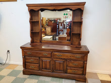 Load image into Gallery viewer, Vintage Pine Triple Dresser With Hutch Top Mirror By Burlington House Furniture
