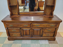 Load image into Gallery viewer, Vintage Pine Triple Dresser With Hutch Top Mirror By Burlington House Furniture