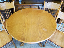 Load image into Gallery viewer, Vintage Oak Pedestal Dining Table With 4 Pressed Back Chairs - Round To Oval With Leaf