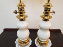 Load image into Gallery viewer, Pair Vintage Stiffel Lenox Porcelain Brass Hollywood Regency Torchiere Table Lamps With Shades - 3 Way Switches