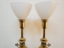 Load image into Gallery viewer, Pair Vintage Stiffel Lenox Porcelain Brass Hollywood Regency Torchiere Table Lamps With Shades - 3 Way Switches