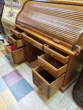 Load image into Gallery viewer, Vintage Oak Roll Top Desk With Key By Nathan Hale Furniture