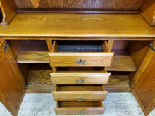 Load image into Gallery viewer, Oak Hutch Top Server China Cabinet With Leaded Glass Doors and Light