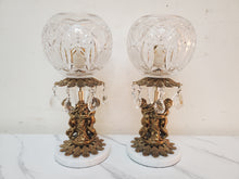 Load image into Gallery viewer, Pair Vintage Crystal Cut Glass Cherub Table Lamps With Marble Base – Brass Finish – Glass Prisms