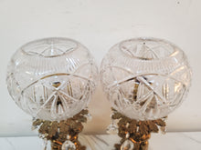 Load image into Gallery viewer, Pair Vintage Crystal Cut Glass Cherub Table Lamps With Marble Base – Brass Finish – Glass Prisms