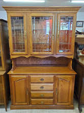 Load image into Gallery viewer, Oak Hutch Top Server China Cabinet With Leaded Glass Doors and Light