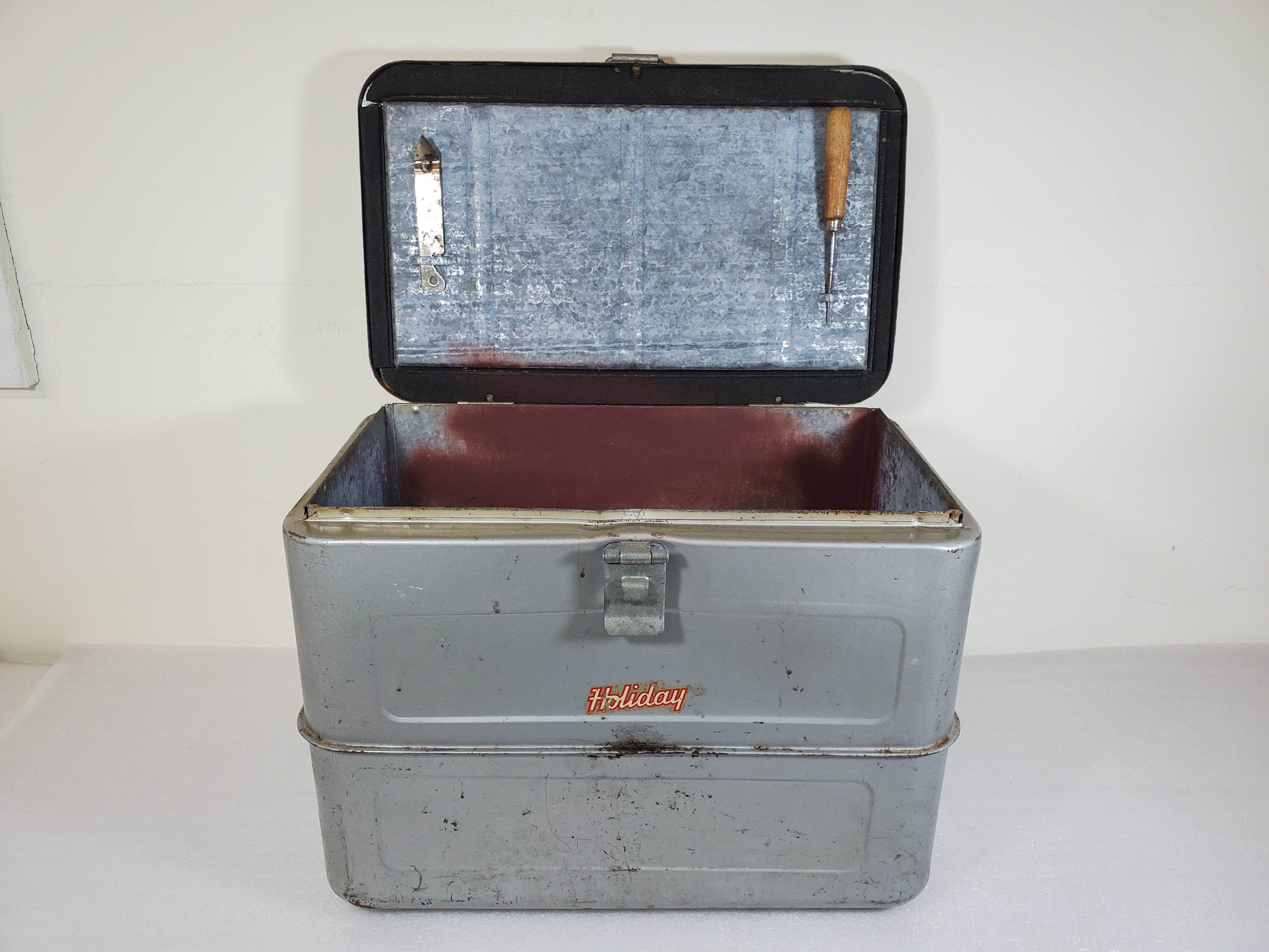 Vintage Holiday Ice Chest Cooler With Bottle Opener and Ice Pick
