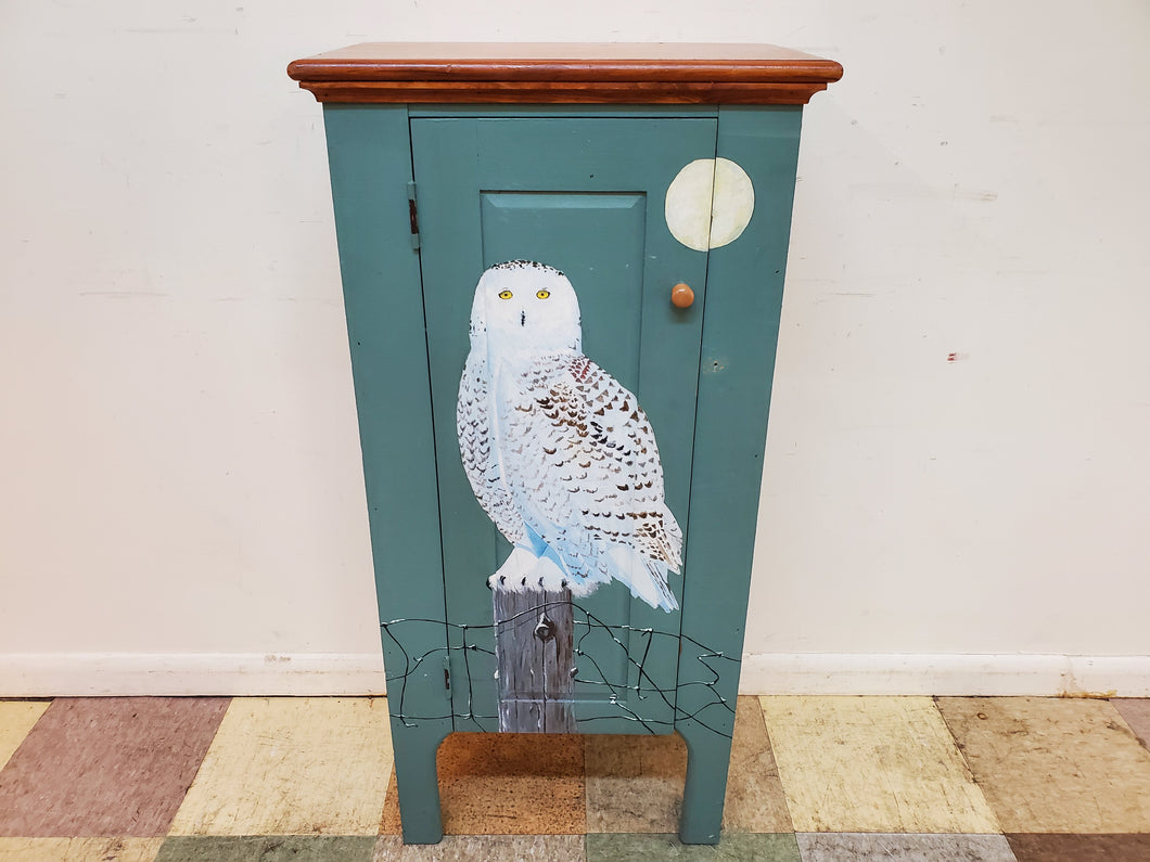 Vintage Pine Single Door Storage Cabinet With Hand Pained Snow Owl