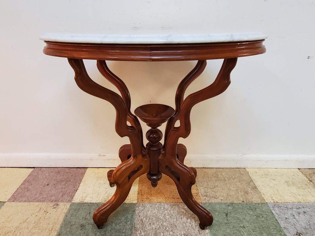 Victorian Antique Oval Marble Top Walnut Parlor Table - Lamp Table