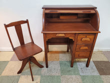 Load image into Gallery viewer, Antique Child&#39;s Roll Top Desk With Adjustable Chair and Key
