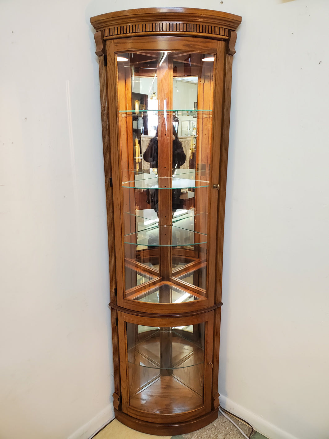 Vintage Oak Two Door Corner Curio Display Cabinet With Curved Glass