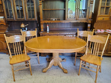 Load image into Gallery viewer, Vintage Oak Pedestal Dining Table With 4 Pressed Back Chairs - Round To Oval With Leaf
