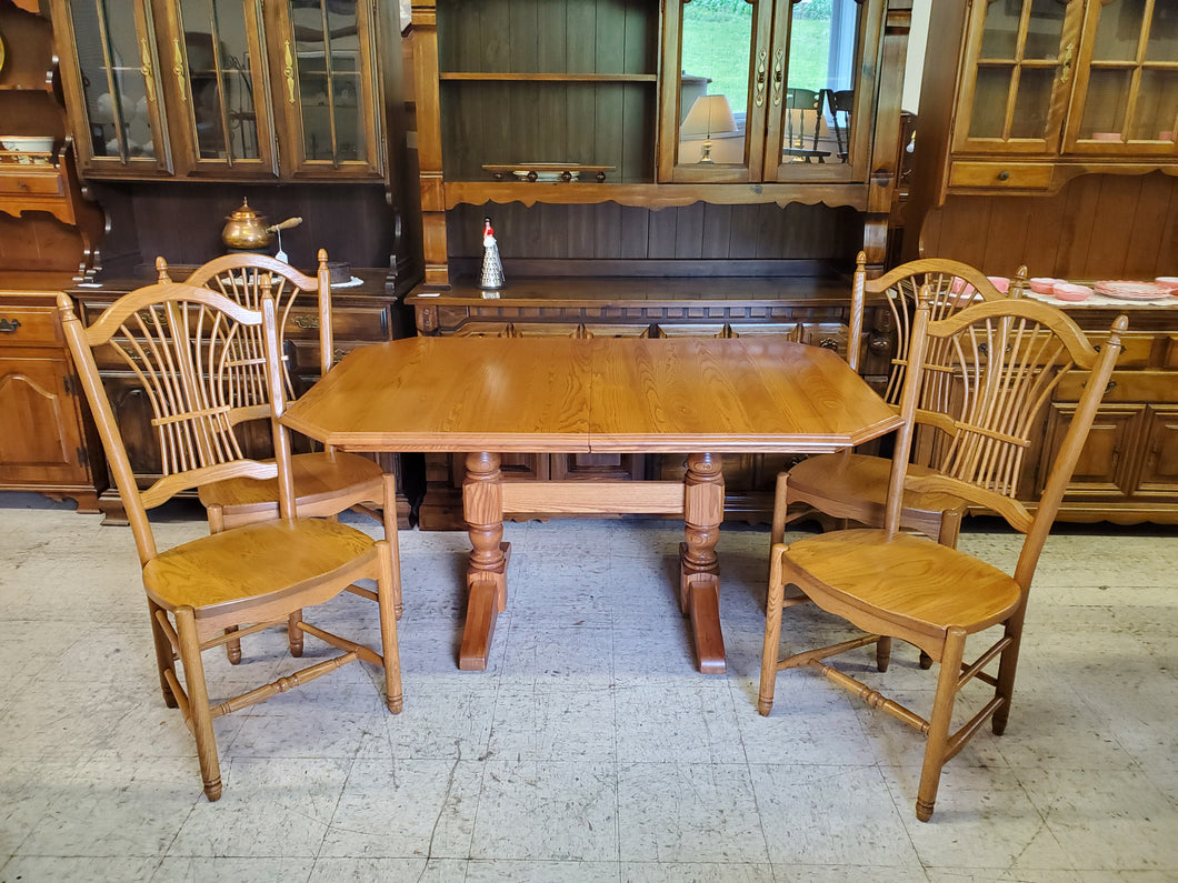 Vintage Oak Trestle Base Dining Table Set With 2 Hidden Leaves and 4 Comb Back Chairs By S Bent Bros