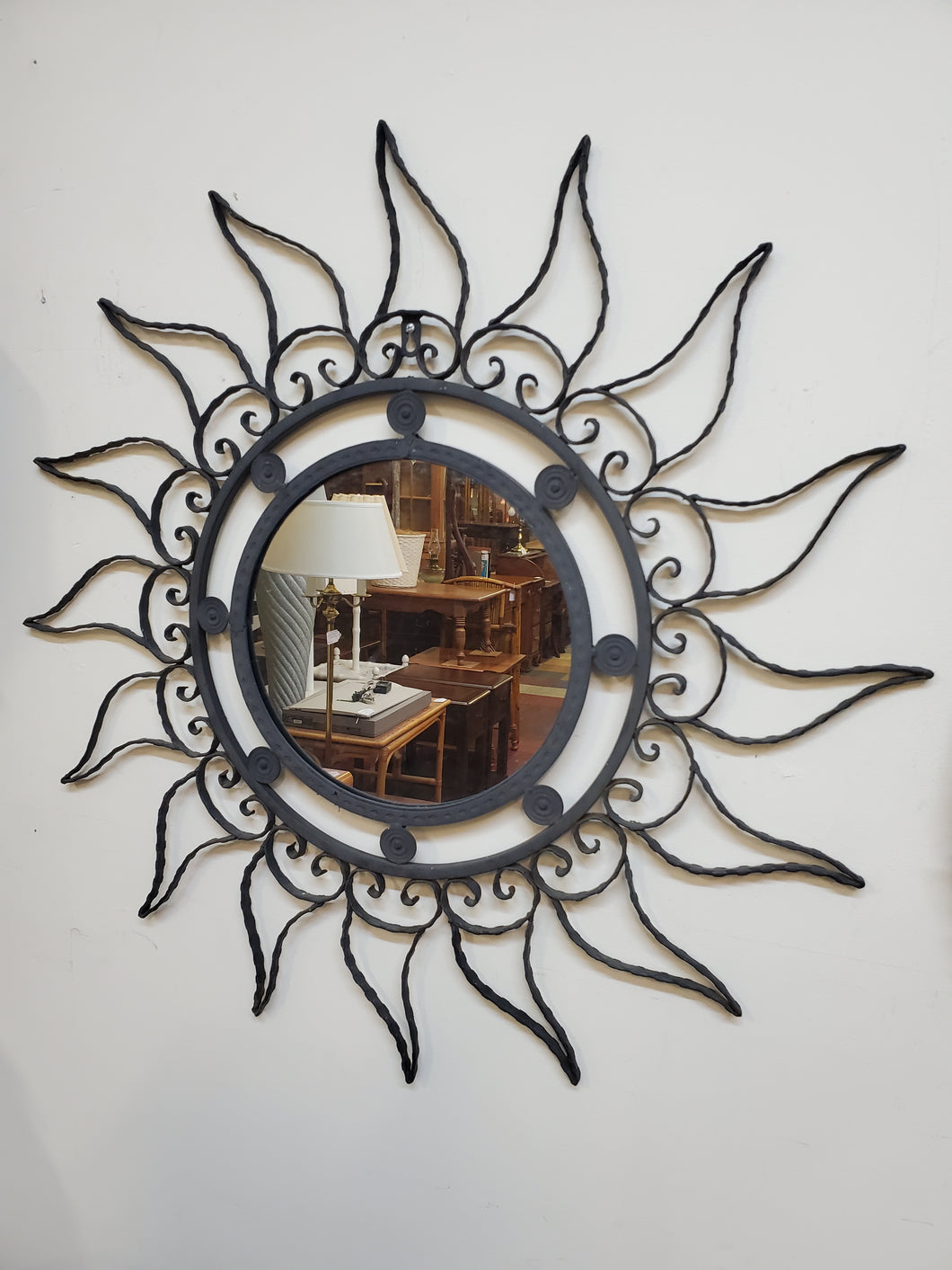 Vintage Black Wrought Iron Sun Wall Mirror