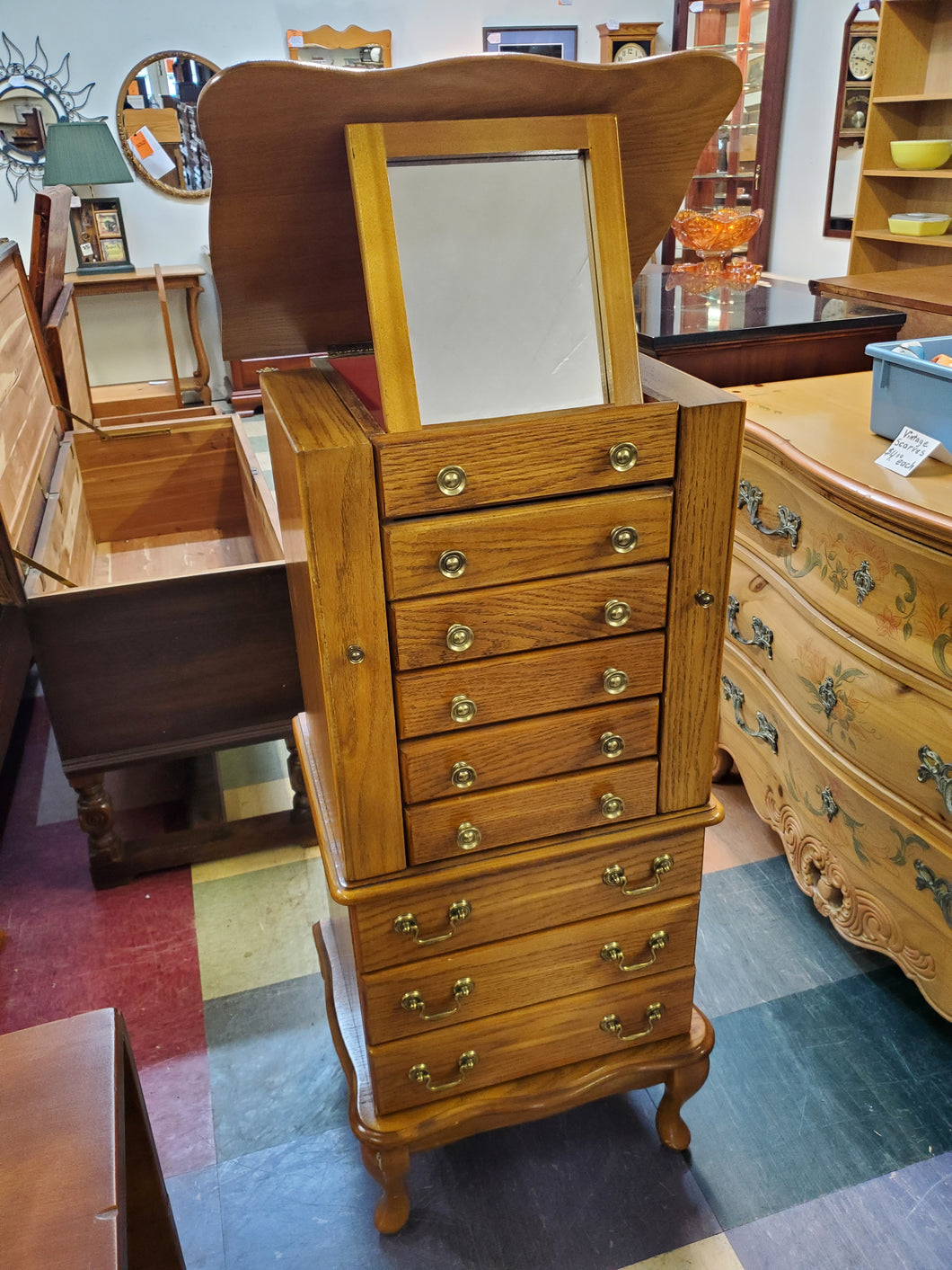Vintage Oak Jewelry Cabinet Armoire