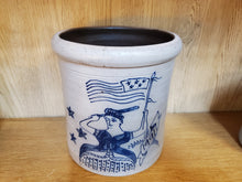 Load image into Gallery viewer, Vintage Rockdale Union Stoneware Salt Glazed Crock With Cobalt Blue Lady Figure With Flag
