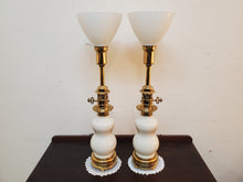 Load image into Gallery viewer, Pair Vintage Stiffel Lenox Porcelain Brass Hollywood Regency Torchiere Table Lamps With Shades - 3 Way Switches
