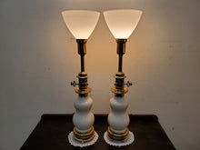 Load image into Gallery viewer, Pair Vintage Stiffel Lenox Porcelain Brass Hollywood Regency Torchiere Table Lamps With Shades - 3 Way Switches
