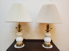 Load image into Gallery viewer, Pair Vintage Stiffel Lenox Porcelain Brass Hollywood Regency Torchiere Table Lamps With Shades - 3 Way Switches
