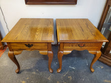 Load image into Gallery viewer, Pair Vintage Oak End Tables With Drawer By Broyhill Furniture
