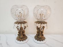 Load image into Gallery viewer, Pair Vintage Crystal Cut Glass Cherub Table Lamps With Marble Base – Brass Finish – Glass Prisms
