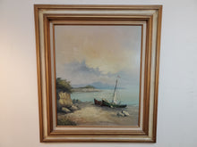 Load image into Gallery viewer, Vintage Oil On Canvas Nautical Scene – Boats On Beach By W James
