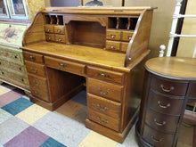 Load image into Gallery viewer, Vintage Oak Roll Top Desk With Key By Nathan Hale Furniture
