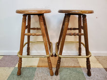 Load image into Gallery viewer, Pair of Solid Oak Swivel Barstool With Brass Footrest
