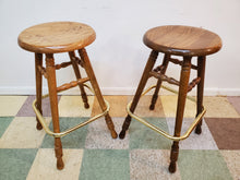 Load image into Gallery viewer, Pair of Solid Oak Swivel Barstool With Brass Footrest
