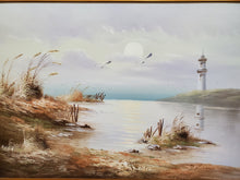 Load image into Gallery viewer, Vintage Framed Oil Painting On Canvas - Lighthouse Seascape
