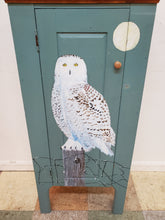 Load image into Gallery viewer, Vintage Pine Single Door Storage Cabinet With Hand Pained Snow Owl
