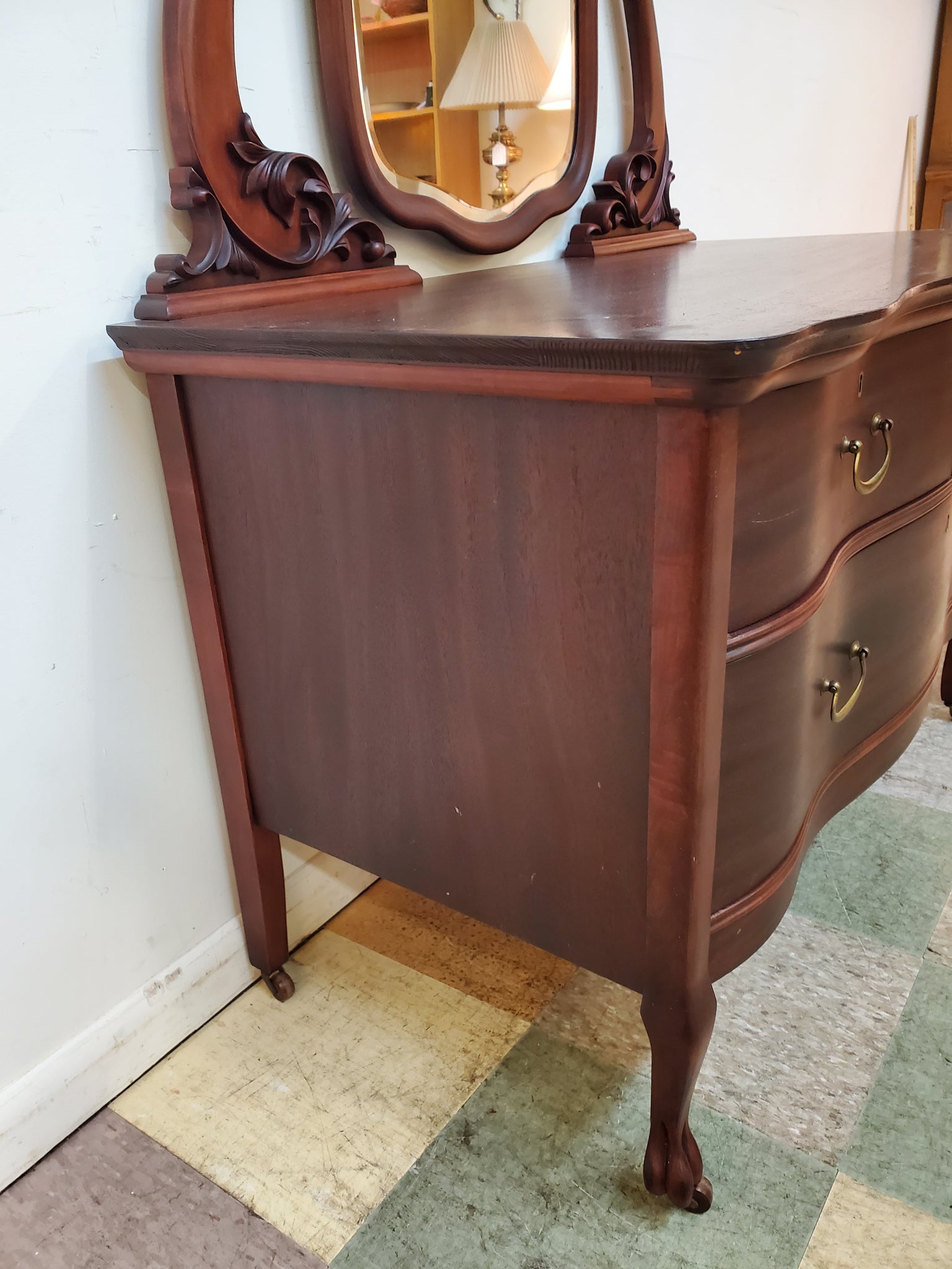 Antique Mahogany Princess Dresser With Harp Mirror Antique Mahogany Princess Dresser With Harp Mirror