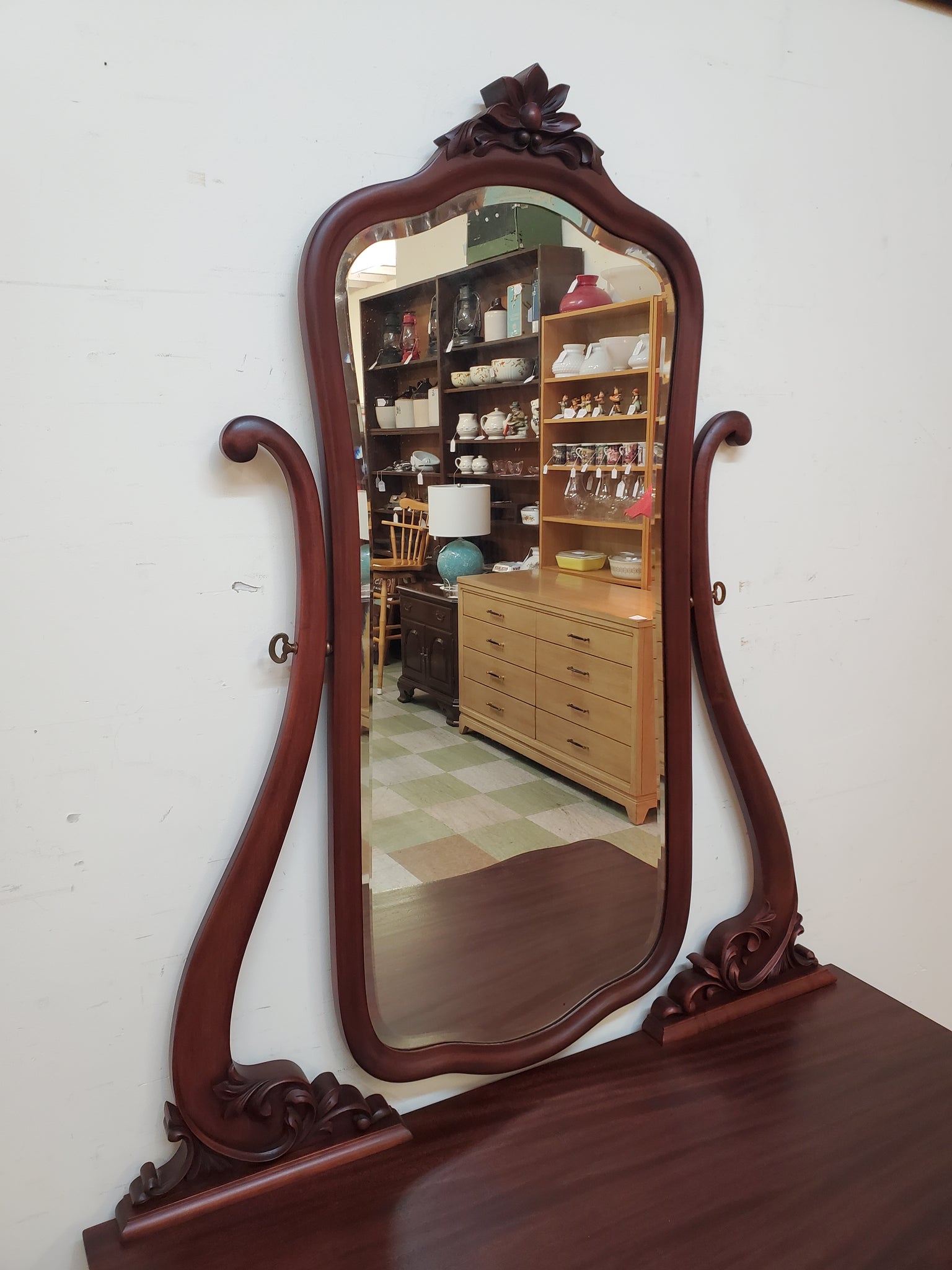 Antique Mahogany Princess Dresser With Harp Mirror - Beveled Glass Antiques To Present Antique Mahogany Princess Dresser With Harp Mirror - Beveled Glass Antiques To Present