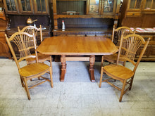 Load image into Gallery viewer, Vintage Oak Trestle Base Dining Table Set With 2 Hidden Leaves and 4 Comb Back Chairs By S Bent Bros
