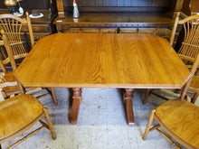 Load image into Gallery viewer, Vintage Oak Trestle Base Dining Table Set With 2 Hidden Leaves and 4 Comb Back Chairs By S Bent Bros
