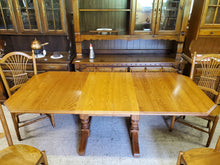Load image into Gallery viewer, Vintage Oak Trestle Base Dining Table Set With 2 Hidden Leaves and 4 Comb Back Chairs By S Bent Bros
