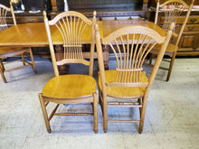 Load image into Gallery viewer, Vintage Oak Trestle Base Dining Table Set With 2 Hidden Leaves and 4 Comb Back Chairs By S Bent Bros
