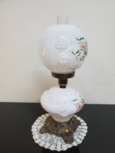 Load image into Gallery viewer, Vintage Gone With The Wind Hurricane Milk Glass Double Globe Lamp - Embossed Roses

