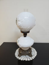Load image into Gallery viewer, Vintage Gone With The Wind Hurricane Milk Glass Double Globe Lamp - Embossed Roses
