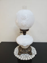 Load image into Gallery viewer, Vintage Gone With The Wind Hurricane Milk Glass Double Globe Lamp - Embossed Roses
