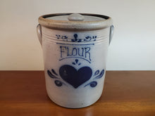 Load image into Gallery viewer, Vintage Rockdale Union Stoneware Salt Glazed Crock With Lid - Cobalt Blue Flour Decanter
