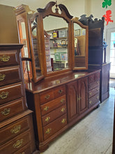 Load image into Gallery viewer, Vintage Cherry Triple Dresser With Trifold Mirror By Stanley Furniture - 12 Drawers The American Craftsman Collections
