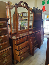 Load image into Gallery viewer, Vintage Cherry Triple Dresser With Trifold Mirror By Stanley Furniture - 12 Drawers The American Craftsman Collections
